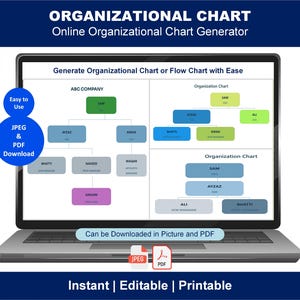 May include: A laptop displays an organizational chart with text that reads "Organizational Chart" and "Online Organizational Chart Generator." The chart is color-coded and includes the text "Generate Organizational Chart or Flow Chart with Ease."