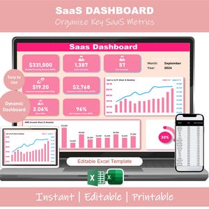 Plantilla de Excel para panel de control SaaS / Rastreador de KPI de métricas / Herramienta de hoja de cálculo para análisis de startups