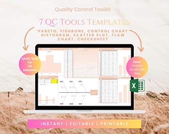 7 QC Tools Excel Template | Quality Control Toolkit  | Pareto Fishbone Control Chart