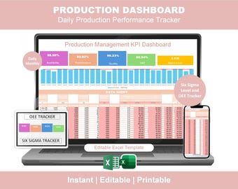 Plantilla de Excel para el panel de KPI de producción / Rastreador de niveles OEE y Six Sigma / Informe diario de rendimiento de fabricación