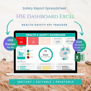 May include: A digital health and safety dashboard displayed on a laptop screen, featuring KPI trackers, incident metrics, a map of Germany, and charts. Text includes Safety Report Spreadsheet, HSE Dashboard Excel, and Health Safety KPI Tracker.