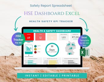 HSE Dashboard Excel Template | Health Safety KPI Tracker | Incident Log | Safety Report Spreadsheet