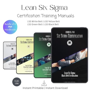 Pode incluir: Um conjunto de quatro manuais de treinamento digital para certificação Lean Six Sigma, incluindo os níveis White, Yellow, Green e Black Belt. Os manuais em PDF apresentam o logotipo do Conselho para Certificação Six Sigma. Texto: "Impressão instantânea | Download instantâneo."