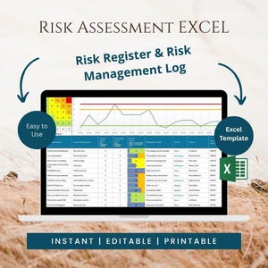 Peut inclure: Un modèle Excel d'évaluation des risques affiché sur un écran d'ordinateur portable, comprenant un registre des risques, un journal de gestion, une matrice de risques codée par couleur et un graphique linéaire. Texte : Risk Assessment Excel.