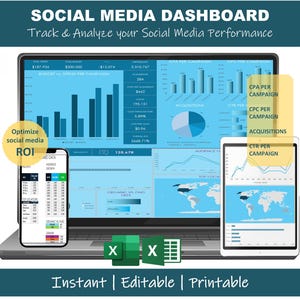 May include: A laptop, smartphone, and tablet displaying social media analytics. The laptop screen shows bar graphs and data, while the smartphone and tablet show data tables and charts. Text includes "Social Media Dashboard" and "Track & Analyze your Social Media Performance."