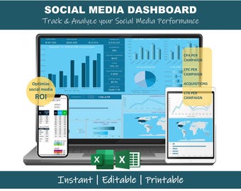 Social Media Dashboard Excel | Marketing Analytics Tracker | Engagement Tracker, Platform Metrics and KPI Overview