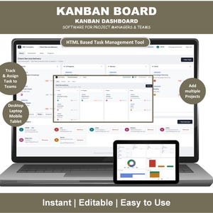 May include: A laptop and tablet displaying a Kanban board interface. The laptop screen shows a detailed task management system, while the tablet displays charts and graphs. Text includes "Track & Assign Task to Teams" and "Add multiple Projects."