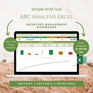 以下が含まれることがあります： ABC分析Excel在庫管理ダッシュボードを表示するノートパソコンの画面。データテーブル、棒グラフ、累積折れ線グラフが含まれています。テキストには、Simple SCM Tool、ABC Analysis Excel、Real-Time Visual Progress、Excel Template No MS 365 Reqと記載されています。