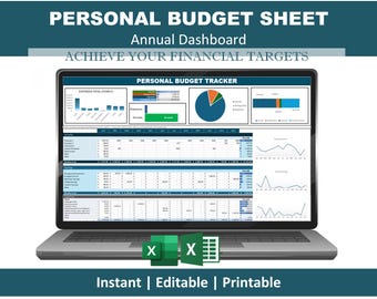 Plantilla de hoja de cálculo de presupuesto de Excel / Planificador financiero anual y mensual / Seguimiento de presupuesto personal / Hoja de cálculo de gastos digitales