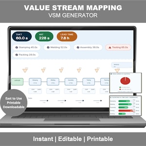 Könnte beinhalten: Ein Laptop-Bildschirm zeigt eine Wertstromanalyse mit dem Text "VALUE STREAM MAPPING VSM GENERATOR". Der Bildschirm zeigt Datenvisualisierungen, einschließlich Zeitmetriken und Prozessschritten. Der Laptop hat auch den Text "Easy to Use Printable Downloadable."