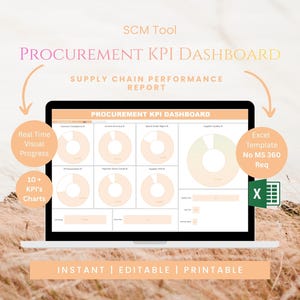 Op de afbeelding: Een laptopscherm met een Procurement KPI Dashboard met meerdere ringdiagrammen en gegevenstabellen. De tekst bevat SCM Tool, Procurement KPI Dashboard, Supply Chain Performance Report, Real Time Visual Progress, 10+ KPI's Charts, Excel Template No MS 360 Req, Instant, Editable, Printable.