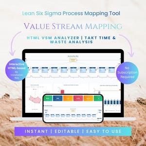 May include: A Lean Six Sigma process mapping tool displayed on a laptop and smartphone screen. The interface shows Value Stream Mapping, HTML VSM analyzer, takt time, and waste analysis charts. Text includes Interactive HTML-based, No Installation Req, and No Subscription Required.