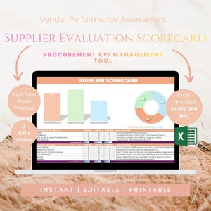 May include: A digital supplier evaluation scorecard displayed on a laptop screen, featuring a bar chart, a donut chart, and a data table. The interface includes the text Supplier Scorecard, Procurement KPI Management Tool, and Vendor Performance Assessment.
