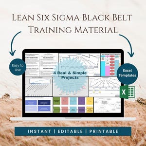 Può includere: Uno schermo di computer portatile che mostra materiale di formazione Lean Six Sigma Black Belt con vari grafici di progetto, diagrammi e modelli Excel. Il testo include "Lean Six Sigma Black Belt Training Material", "Easy to Use", "4 Real & Simple Projects" e "Instant | Editable | Printable."