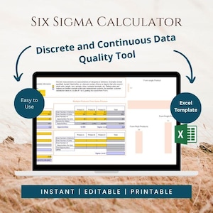 May include: A Six Sigma Calculator digital tool displayed on a laptop screen, featuring an Excel template for discrete and continuous data quality analysis. The interface includes tables for defect tracking, product metrics, and sigma level calculations.