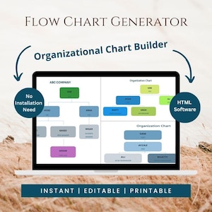 May include: A laptop screen displaying a flow chart generator and organizational chart builder software. The interface shows three distinct organizational charts with colored boxes and text. Text overlays include Flow Chart Generator, Organizational Chart Builder, No Installation Need, HTML Software, and Instant | Editable | Printable.