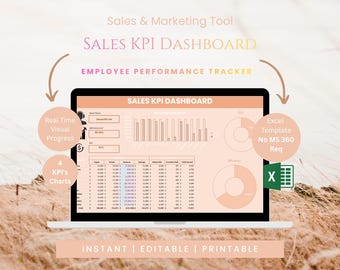 Plantilla de Excel para panel de control de KPI de ventas / Seguimiento del rendimiento de los empleados / Informe de ventas de RRHH / Descarga instantánea