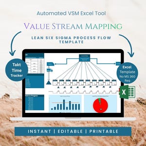 May include: A laptop screen displaying an Automated VSM Excel Tool for Value Stream Mapping and Lean Six Sigma process flow. The interface includes a Takt Time Tracker, process flow diagrams, bar charts, and a pie chart. Text includes Excel Template No MS 360 Req.