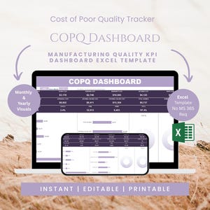 May include: A Cost of Poor Quality Tracker COPQ Dashboard Excel template displayed on a laptop and smartphone screen. The interface features purple headers, data tables, and charts. Text includes Monthly & Yearly Visuals and Excel Template No MS 365 Req.