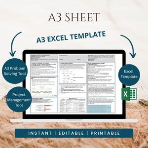 A3 Project Management Template | Lean Six Sigma Problem Solving | Excel Editable A3 Sheet