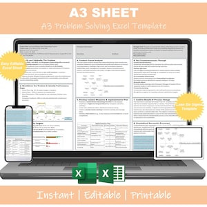 A3 Project Management Template | Lean Six Sigma Problem Solving | Excel Editable A3 Sheet