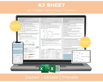 A3 Project Management Template | Lean Six Sigma Problem Solving | Excel Editable A3 Sheet