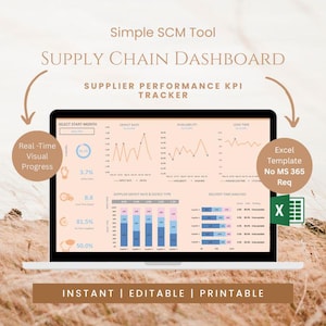 以下が含まれることがあります： Simple SCM ToolのサプライチェーンダッシュボードとサプライヤーパフォーマンスKPIトラッカーを表示するノートパソコンの画面。インターフェースには、欠陥率、可用性、リードタイムの折れ線グラフ、棒グラフ、およびデータテーブルが含まれています。