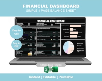 Financial Dashboard Excel Template | Simple 1 Page Balance Sheet | Accounting KPI Tracker