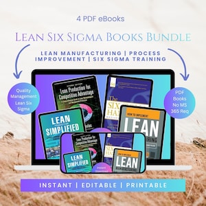 Könnte beinhalten: Ein Bündel von 4 PDF-eBooks mit dem Titel Lean Six Sigma Books Bundle, darunter Lean Production for Competitive Advantage, The Six Sigma Handbook, Lean Production Simplified und How to Implement Lean Manufacturing, angezeigt auf einem Laptop-Bildschirm.