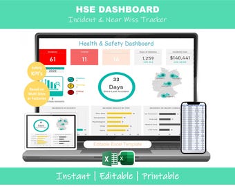 Plantilla de Excel para el panel de HSE / Rastreador de KPI de seguridad y salud (Descarga digital)