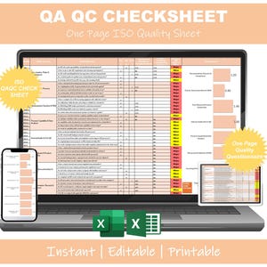 May include: A laptop, smartphone, and tablet display a quality control checklist. The laptop screen shows a detailed spreadsheet with rows and columns. The text "QA QC CHECKSHEET" and "One Page ISO Quality Sheet" are visible. The image also includes two Excel icons.