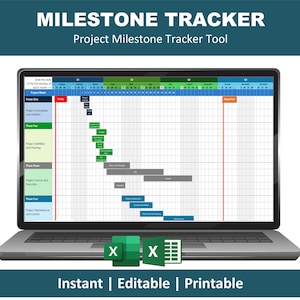 Könnte beinhalten: Ein Laptop mit einem Projekt-Meilenstein-Tracker-Tool. Der Bildschirm zeigt eine Zeitleiste mit verschiedenen Phasen und Aufgaben, die ein Rasterlayout mit farbcodierten Abschnitten verwendet. Der Text "MILESTONE TRACKER" steht oben, mit "Instant | Editable | Printable" unten.