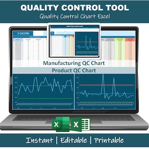 May include: A laptop and tablet displaying quality control charts. The laptop screen shows data tables and graphs, with the text "Manufacturing QC Chart" and "Product QC Chart." The image includes the text "Quality Control Tool" and "Instant | Editable | Printable."