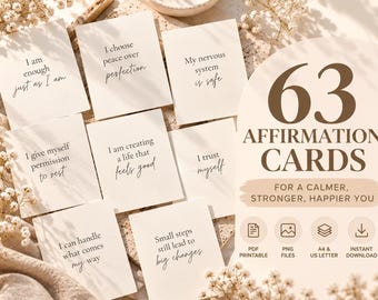 印刷可能なアファメーションカード63枚｜ミニマルなセルフケアカード｜マインドフルネスカード｜ニュートラルなデザイン｜即時ダウンロード