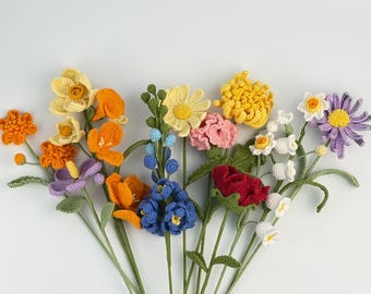 Tige de fleur de naissance au crochet fait main, cadeau fleur pour le mois de naissance, décoration de bouquet de fleurs en tricot