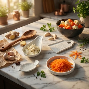Puede incluir: Una cuchara de madera, un plato de cerámica blanca con jengibre rallado, un rallador blanco, un pequeño plato de cerámica con forma de pez y un cuenco blanco con zanahoria rallada. Cerca hay jengibre fresco, ajos, coliflor y trozos de zanahoria.