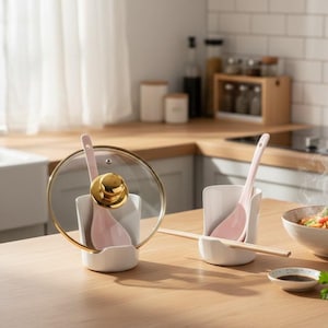 Puede incluir: Una escena de cocina con reposacucharas de cerámica blanca que sostienen utensilios de cocina rosas. También hay una tapa de cristal con un asa dorada y un par de palillos. El escenario es una cocina luminosa con encimeras de madera.