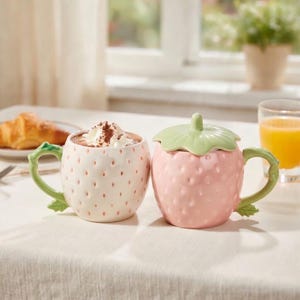 Puede incluir: Dos tazas de cerámica con forma de fresa. Una es blanca con un asa verde y está llena de una bebida cubierta con crema batida y cacao en polvo. La otra es rosa con tapa y asa verdes. Ambas tazas están sobre un mantel blanco.