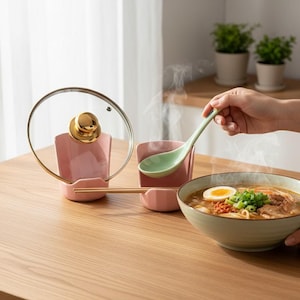 Puede incluir: Una mesa con un cuenco de ramen, un huevo pasado por agua y cebolletas. Una persona sostiene una cuchara verde sobre el cuenco. Soportes de cerámica rosa para tapa, cuchara y palillos.