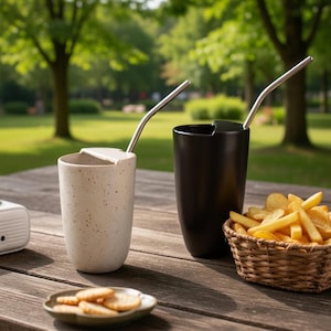 May include: Two ceramic tumblers with stainless steel straws sit on a wooden table. One tumbler is speckled beige, the other is black. A small plate of cookies and a basket of french fries are also on the table, suggesting a casual outdoor setting.