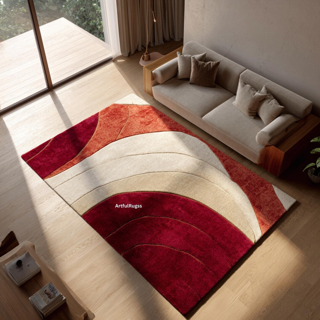Modern Red & Cream Abstract Area Rug | Living Room, Bedroom - Etsy