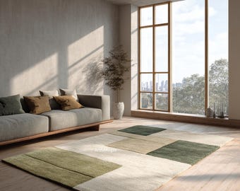 Modern Sage Green Geometric Block Design Carpet