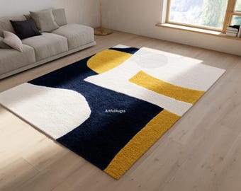 Modern Navy Blue, Mustard Abstract Wool Rug | Hand Tufted Geometric Art Carpet