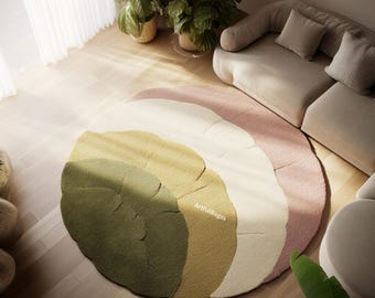 Abstract Organic Rug, Hand Tufted Wool Area Rug, Sage Green Pink Cream Carpet