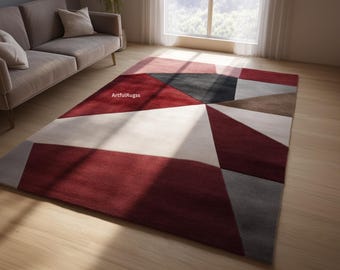 Tappeto geometrico in lana bordeaux, tappeto astratto trapuntato a mano, tappeto moderno rosso crema