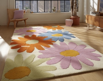 Kleurrijk vloerkleed madeliefjesbloem | Zacht 3D getuft bloementapijt voor kinderkamer