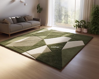 Puede incluir: Una alfombra geométrica con un diseño moderno. La alfombra presenta un patrón de formas verdes, beige y blancas. La alfombra es rectangular y parece estar hecha de un material suave. Se encuentra en un salón.