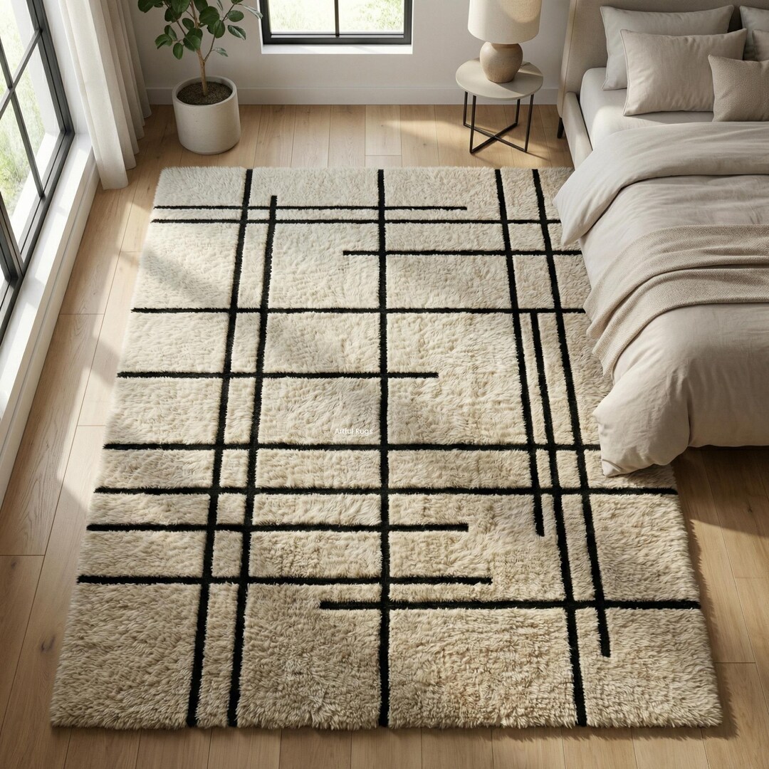 Minimal Grid Tufted Rug | Black & Ivory Line Neutral Modern Home Decor ...