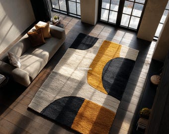 Hand Tufted Custom Rug For Living Room | Black, Gray & Yellow Carpet Teppich