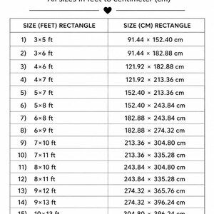 May include: A size guide for rectangular rugs, with sizes listed in feet and centimeters. The guide includes 19 different sizes, from 3x5 ft (91.44 x 152.40 cm) to 12x18 ft (365.76 x 548.64 cm). The text "RECTANGLE RUG SIZE GUIDE" is at the top.